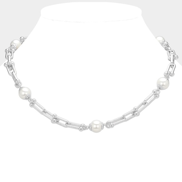 Pearl Pointed Hardware Link Chain Necklace - Picture 1 of 2